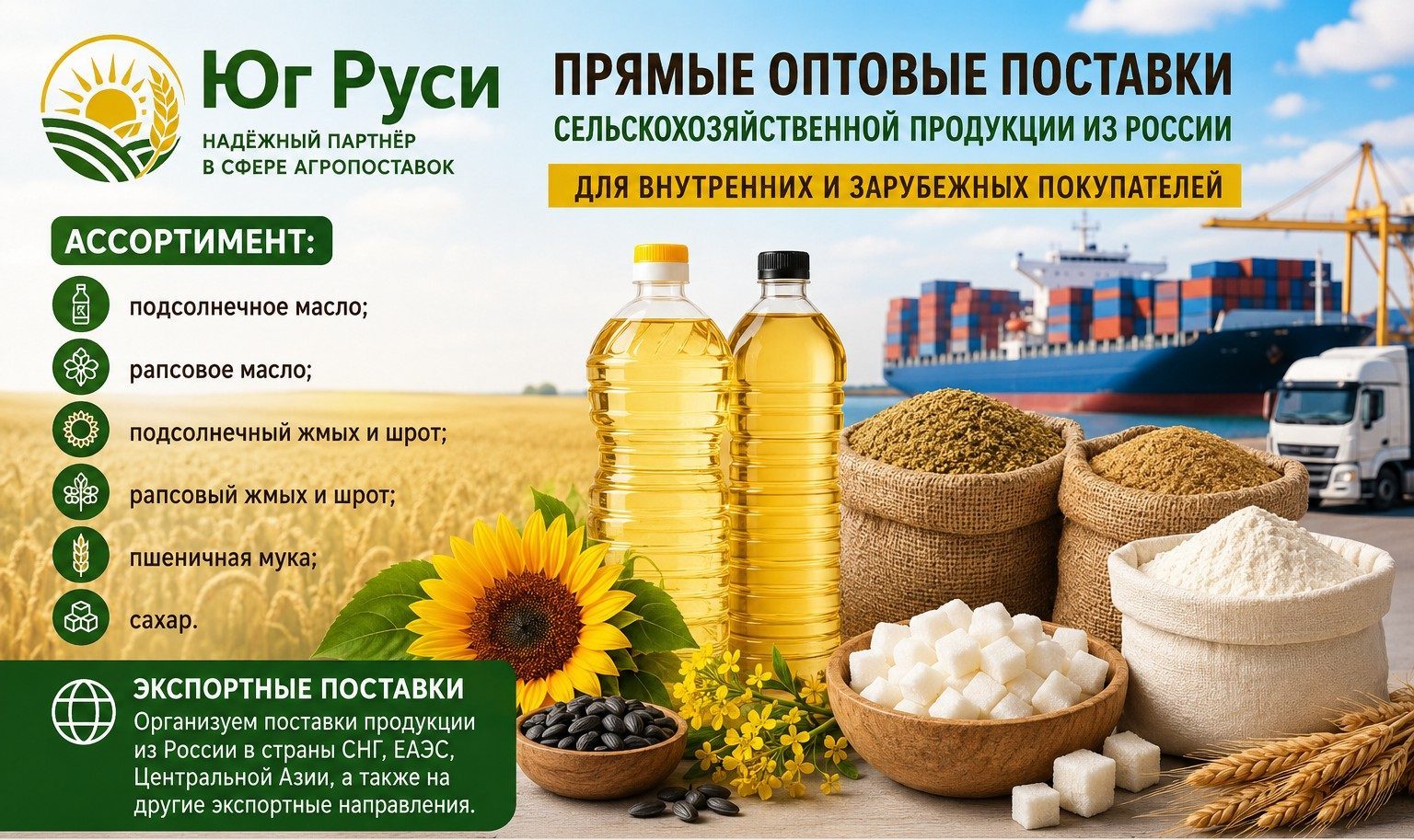 Сельхозпродукция оптом из России — масла, шрот, мука, сахар на экспорт